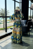 Yellow Tropical Print Pleated Maxi Dress