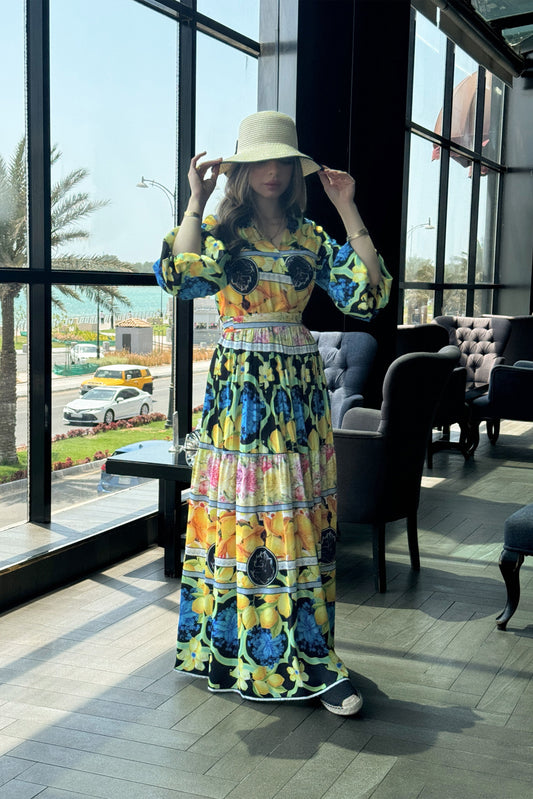 Yellow Tropical Print Pleated Maxi Dress