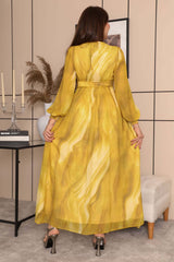 Marble chiffon dress with puff sleeves