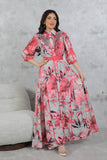 Maxi dress with floral print and embroidered details on the front 