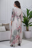 Beige floral print pleated maxi dress 