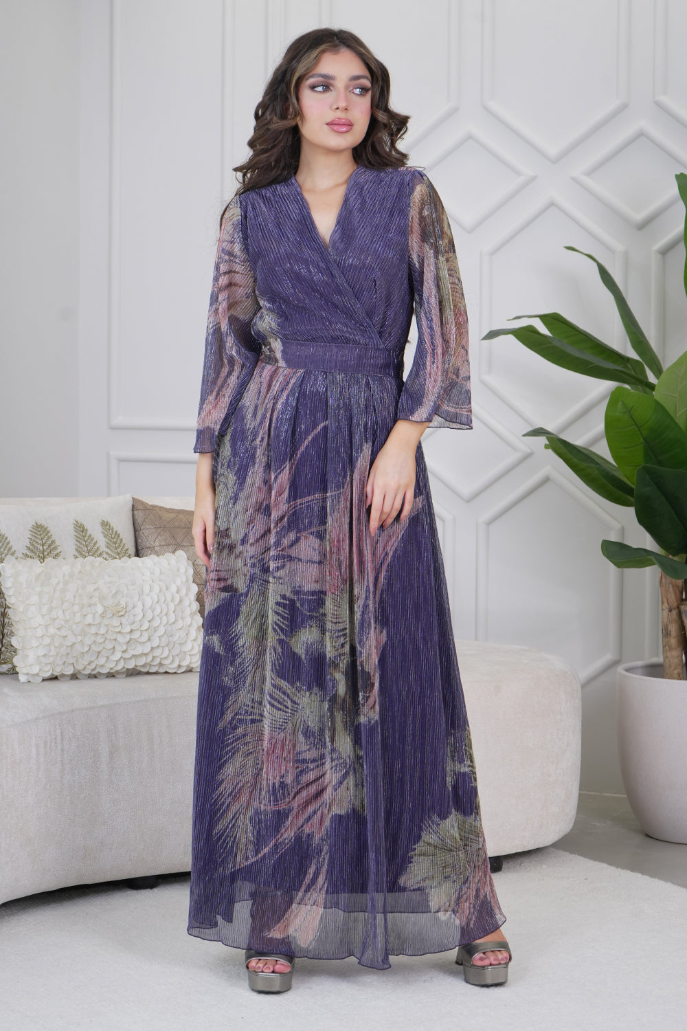 Purple floral print pleated maxi dress 