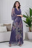 Purple floral print pleated maxi dress 