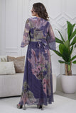 Purple floral print pleated maxi dress 