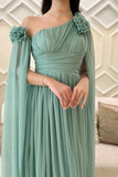 Light Green One Shoulder Tulle Dress with Floral Applique 