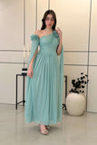 Light Green One Shoulder Tulle Dress with Floral Applique 