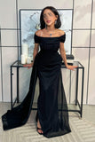 Black long draped dress with front slit 