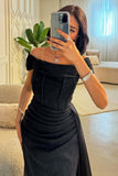 Black long draped dress with front slit 