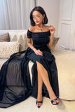 Black long draped dress with front slit 