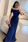 Long Draped Dress with Front Slit in Navy Blue 