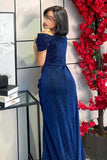 Long Draped Dress with Front Slit in Navy Blue 