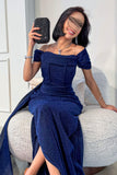 Long Draped Dress with Front Slit in Navy Blue 