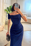 Long Draped Dress with Front Slit in Navy Blue 