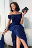 Long Draped Dress with Front Slit in Navy Blue 