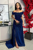 Long Draped Dress with Front Slit in Navy Blue 