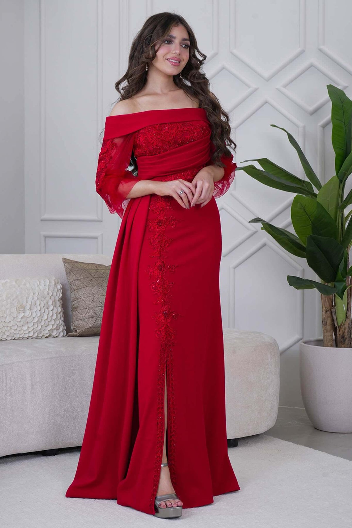 Red Draped Maxi Dress with Front Slit 