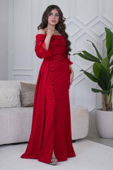 Red Draped Maxi Dress with Front Slit 