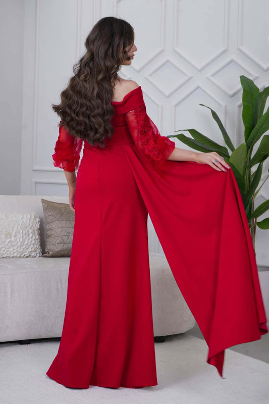 Red Draped Maxi Dress with Front Slit 