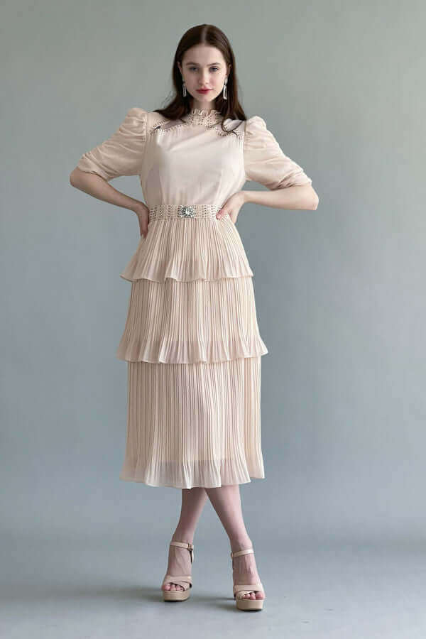 Layered dress with embroidered collar, beige