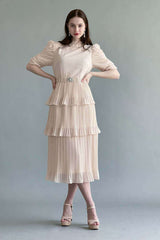 Layered dress with embroidered collar, beige