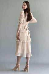 Layered dress with embroidered collar, beige