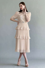 Layered dress with embroidered collar, beige