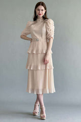 Layered dress with embroidered collar, beige