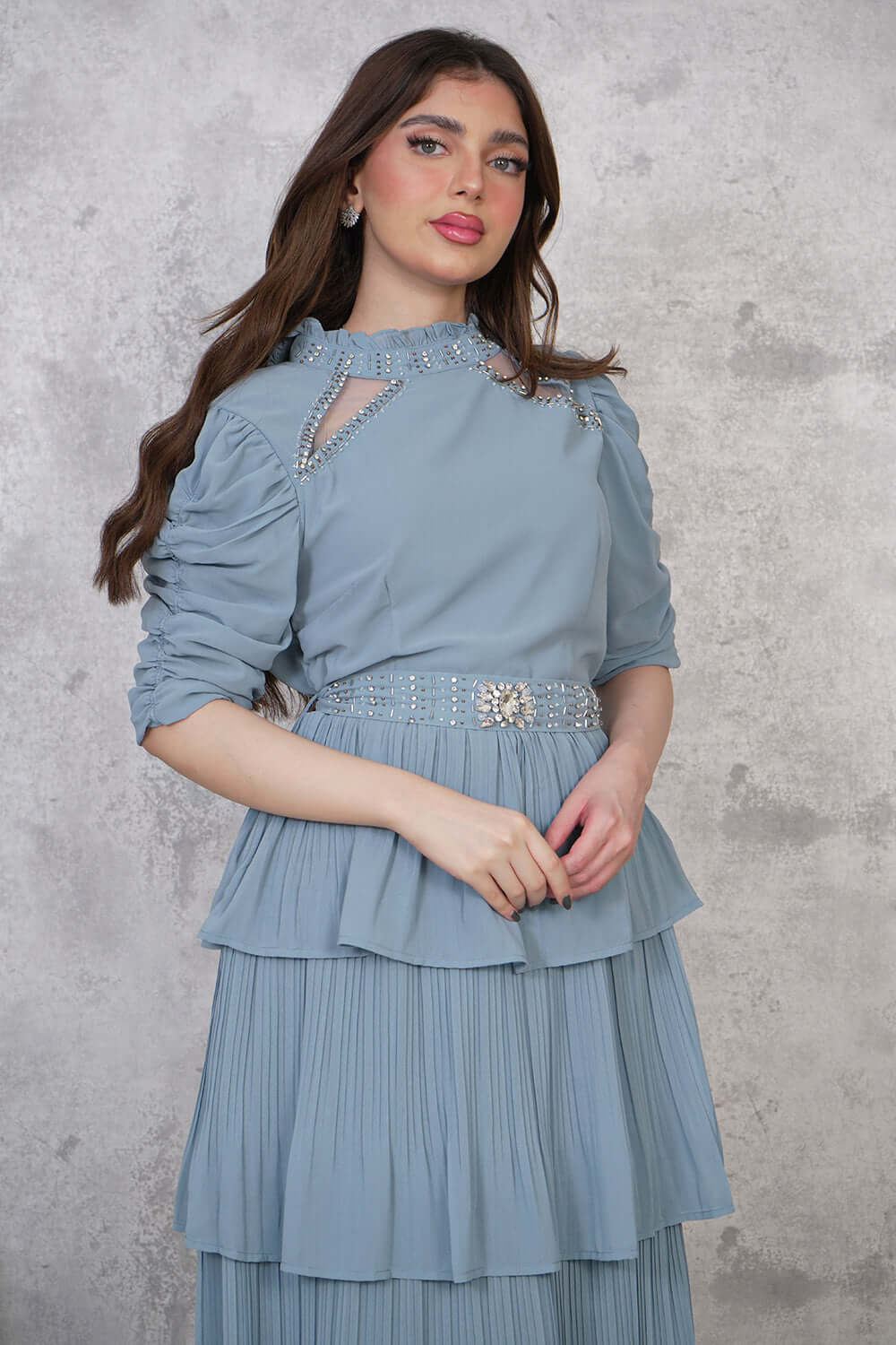 Layered dress with embroidered collar, beige