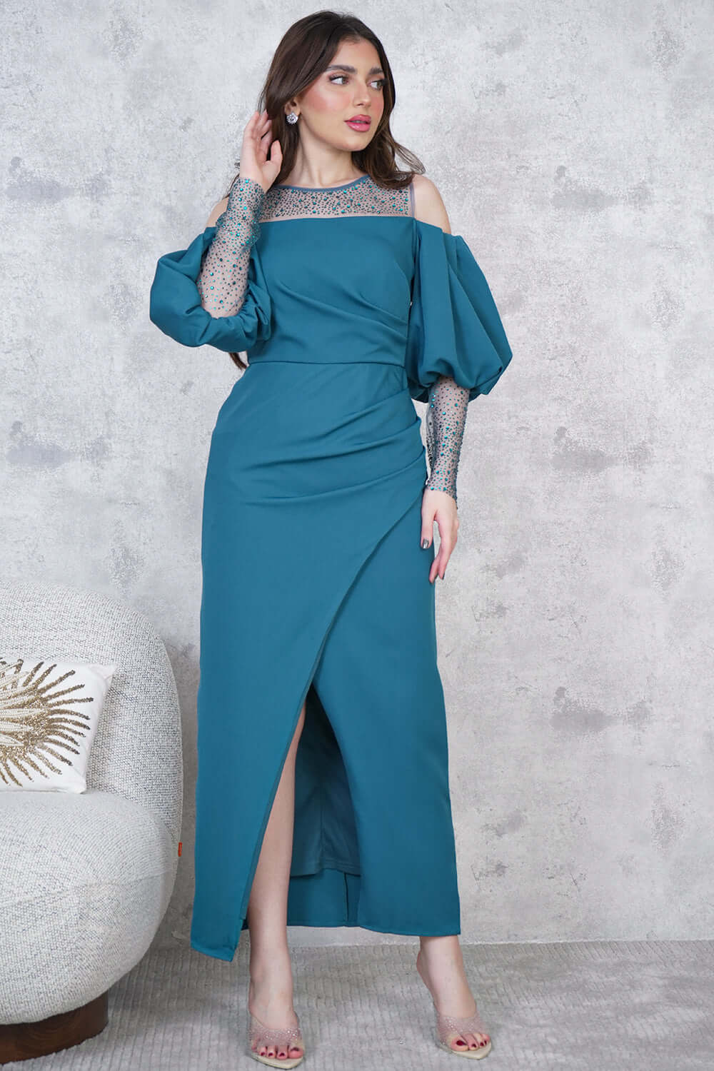 Turquoise Beaded Front Slit Maxi Dress 