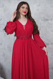 فستان سهرة شيفون مزين بالفصوص لون احمر