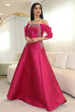 Fuchsia Crystal Embellished Off Shoulder Evening Dress