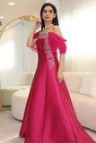 Fuchsia Crystal Embellished Off Shoulder Evening Dress