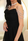 Black Draped Shiny Crystal Sleeve Evening Dress