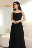 Black Draped Shiny Crystal Sleeve Evening Dress