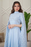 Sky Blue Embroidered Cape Sleeve Midi Dress 