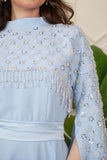 Sky Blue Embroidered Cape Sleeve Midi Dress 