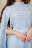 Sky Blue Embroidered Cape Sleeve Midi Dress 