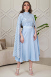 Sky Blue Embroidered Cape Sleeve Midi Dress 