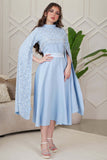 Sky Blue Embroidered Cape Sleeve Midi Dress 