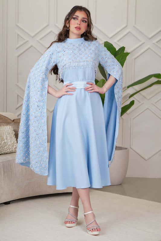 Sky Blue Embroidered Cape Sleeve Midi Dress 