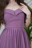 Off shoulder long dress with pleats in purple 