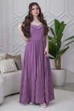 Off shoulder long dress with pleats in purple 