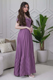 Off shoulder long dress with pleats in purple 