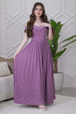 Off shoulder long dress with pleats in purple 