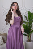 Off shoulder long dress with pleats in purple 