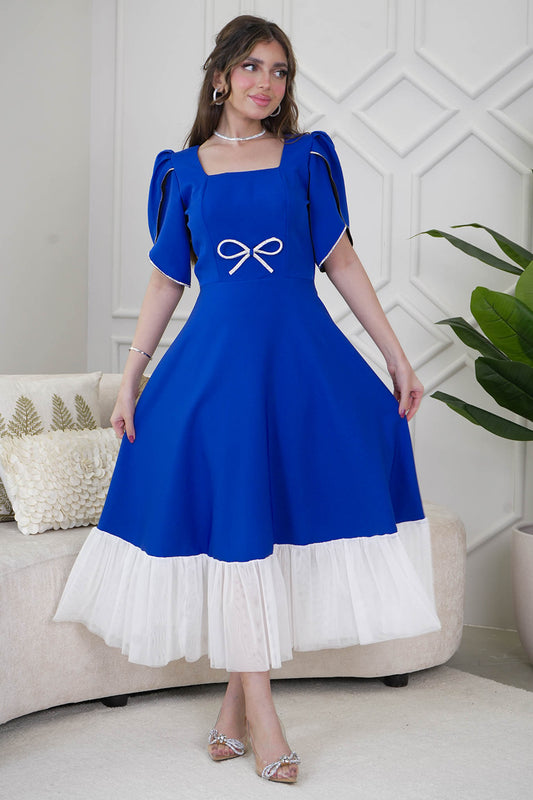 Blue Beaded Short Sleeve Midi Dress 