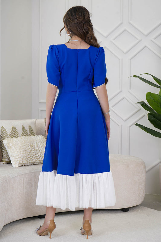 Blue Beaded Short Sleeve Midi Dress 