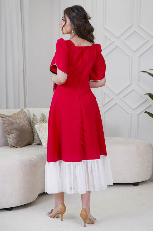 Red Beaded Short Sleeve Midi Dress 