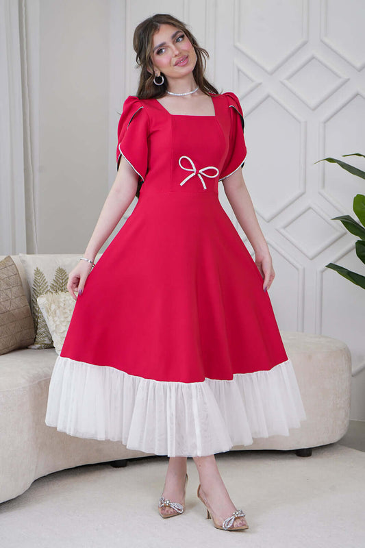 فستان ميدي بأكمام قصيرة مزينة بفصوص لون احمر
