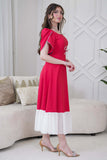 فستان ميدي بأكمام قصيرة مزينة بفصوص لون احمر